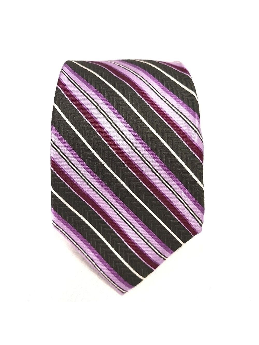 Alfred Sung Men’s 100% Silk Striped Tie Purple Black White Corporate Workwear